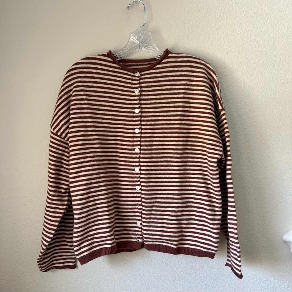 Striped Button-Front Cardigan in Tan and Brown